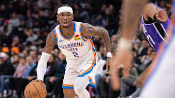 Nov 25, 2024; Sacramento, California, USA; Oklahoma City Thunder guard Shai Gilgeous-Alexander (2) drives to the basket during the fourth quarter of the game against the Sacramento Kings at Golden 1 Center. Mandatory Credit: Ed Szczepanski-Imagn Images