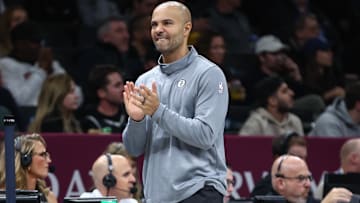 Oct 29, 2025; Brooklyn, New York, USA;  Brooklyn Nets head coach Jordi Fernandez reacts to a call in the first quarter against the Atlanta Hawks at Barclays Center. Mandatory Credit: Wendell Cruz-Imagn Images