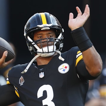 Aug 9, 2024; Pittsburgh, Pennsylvania, USA;  Pittsburgh Steelers quarterback Russell Wilson (3) warms up before playing the Houston Texans at Acrisure Stadium. Mandatory Credit: Charles LeClaire-Imagn Images