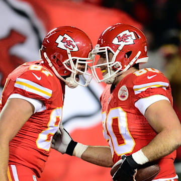 Nov 30, 2014; Kansas City, MO, USA; Kansas City Chiefs tight end Anthony Fasano (80) celebrates his touchdown reception with tight end Travis Kelce (87) in the second quarter against the Denver Broncos at Arrowhead Stadium. Mandatory Credit: Ron Chenoy-Imagn Images