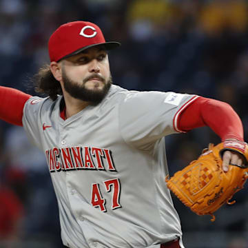 Aug 22, 2024; Pittsburgh, Pennsylvania, USA;  Cincinnati Reds relief pitcher Jakob Junis (47) pitches against the Pittsburgh Pirates during the fifth inning at PNC Park. Mandatory Credit: Charles LeClaire-Imagn Images