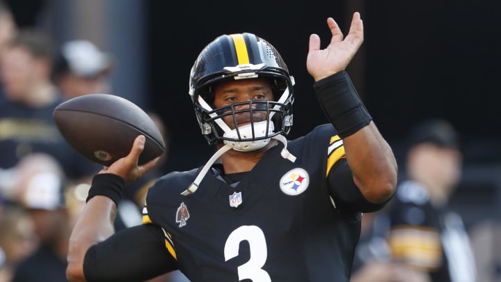 Aug 9, 2024; Pittsburgh, Pennsylvania, USA;  Pittsburgh Steelers quarterback Russell Wilson (3) warms up before playing the Houston Texans at Acrisure Stadium. Mandatory Credit: Charles LeClaire-USA TODAY Sports