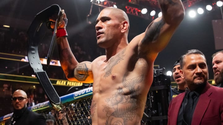Apr 13, 2024; Las Vegas, Nevada, USA; Alex Pereira celebrates after defeating Jamahal Hill (not pictured) during UFC 300 at T-Mobile Arena.