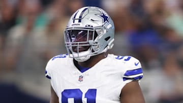 Aug 12, 2023; Arlington, Texas, USA;  Dallas Cowboys defensive end Tyrus Wheat (91) on the line of scrimmage in the game against the Jacksonville Jaguars at AT&T Stadium. Mandatory Credit: Tim Heitman-Imagn Images