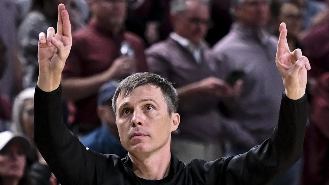 Texas A&M Aggies head coach Bucky McMillan motions during the second half against the Ole Miss Rebels