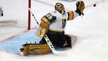 Jun 18, 2021; Montreal, Quebec, CAN; Vegas Golden Knights goaltender Marc-Andre Fleury (29) makes a save against Montreal Canadiens during the third period in game three of the 2021 Stanley Cup Semifinals at Bell Centre. Mandatory Credit: Jean-Yves Ahern-Imagn Images