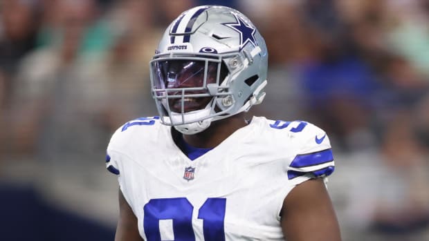 Dallas Cowboys defensive end Tyrus Wheat on the line of scrimmage in the game against the Jacksonville Jaguars.