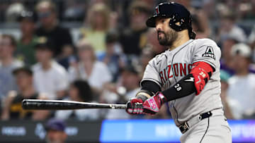 Jul 26, 2025; Pittsburgh, Pennsylvania, USA;  Arizona Diamondbacks third baseman Eugenio Suarez (28) hits a single against the Pittsburgh Pirates during the sixth inning at PNC Park. Mandatory Credit: Charles LeClaire-Imagn Images