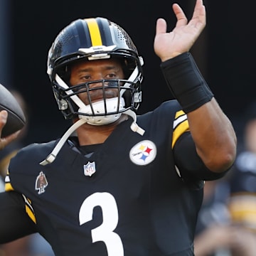 Aug 9, 2024; Pittsburgh, Pennsylvania, USA;  Pittsburgh Steelers quarterback Russell Wilson (3) warms up before playing the Houston Texans at Acrisure Stadium. Mandatory Credit: Charles LeClaire-Imagn Images