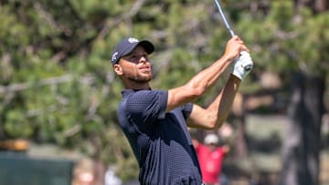 Stephen Curry hits an approach shot on the 18th hole during the final round of the American Century Celebrity Championship.