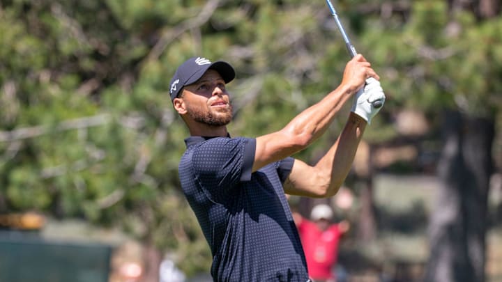 Stephen Curry hits an approach shot on the 18th hole during the final round of the American Century Celebrity Championship.