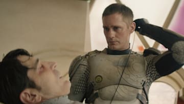 David Dastmalchian and Alexander Skarsgård in "Murderbot," now streaming on Apple TV+