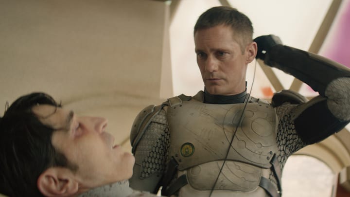 David Dastmalchian and Alexander Skarsgård in "Murderbot," now streaming on Apple TV+