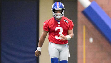 Jun 17, 2025; East Rutherford, NJ, USA; New York Giants quarterback Russell Wilson (3) warms up during minicamp at Quest Diagnostics Training Center. Mandatory Credit: John Jones-Imagn Images