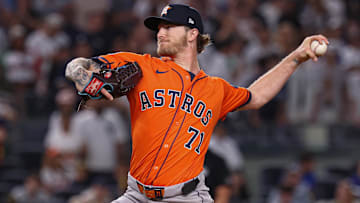 Aug 8, 2025; Bronx, New York, USA; Houston Astros relief pitcher Josh Hader (71) delivers a pitch during the ninth inning against the New York Yankees at Yankee Stadium. 