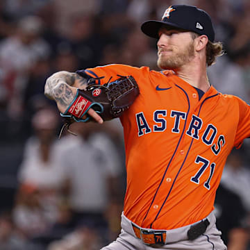Aug 8, 2025; Bronx, New York, USA; Houston Astros relief pitcher Josh Hader (71) delivers a pitch during the ninth inning against the New York Yankees at Yankee Stadium. 