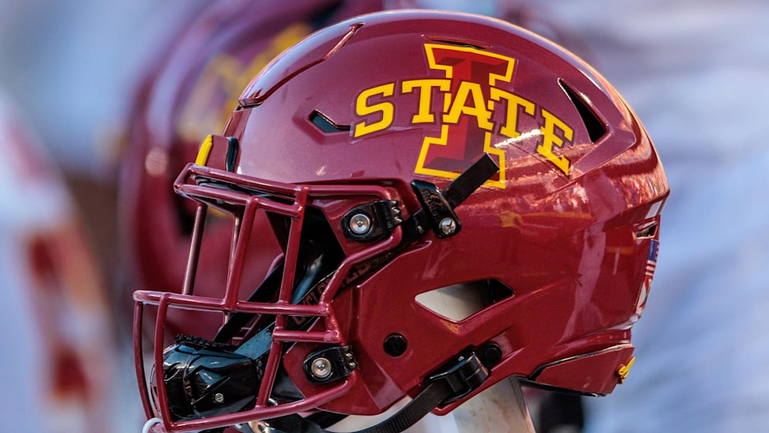 Nov 9, 2024; Kansas City, Missouri, USA; Iowa State Cyclones helmets on the bench during the first quarter against the Kansas Jayhawks at GEHA Field at Arrowhead Stadium.