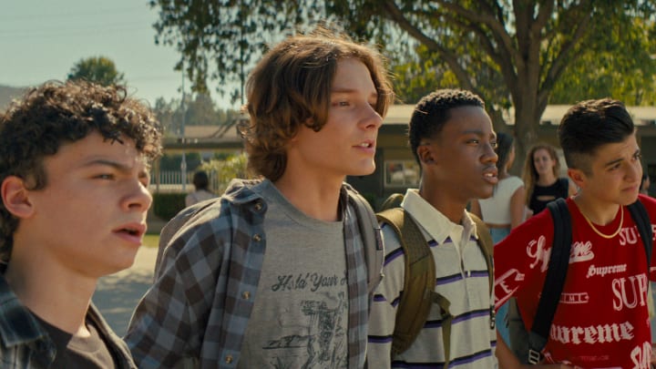 Incoming. (L-R) Raphael Alejandro as Connor, Mason Thames as Benj Nielsen, Ramon Reed as Eddie, and Bardia Seiri as Koosh in Incoming. Cr. Spyglass Media Group, LLC and Artists Road, LLC/Courtesy of Netflix