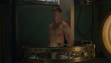 Alexander Skarsgård in "Murderbot," premiering May 16, 2025 on Apple TV+.