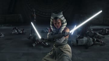 (L-R): Sabine Wren (Natasha Liu Bordizzo), Ahsoka Tano (Rosario Dawson) and Ezra Bridger (Eman Esfandi) with Night Troopers in Lucasfilm's STAR WARS: AHSOKA, exclusively on Disney+. ©2023 Lucasfilm Ltd. & TM. All Rights Reserved