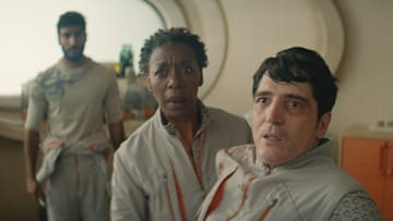 Akshay Khanna, Noma Dumezweni and David Dastmalchian in "Murderbot," now streaming on Apple TV+.