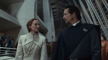 (L-R) Mon Mothma (Genevieve O'Reilly) and Bail Organa (Benjamin Bratt) in Lucasfilm's Star Wars ANDOR Season 2, exclusively on Disney+.