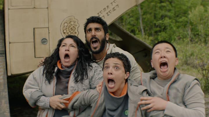 Tamara Podemski (Bhardwaj), Akshay Khanna (Ratthi), Tattiawna Jones (Arada) and Sabrina Wu (Pin-Lee) in Murderbot.
