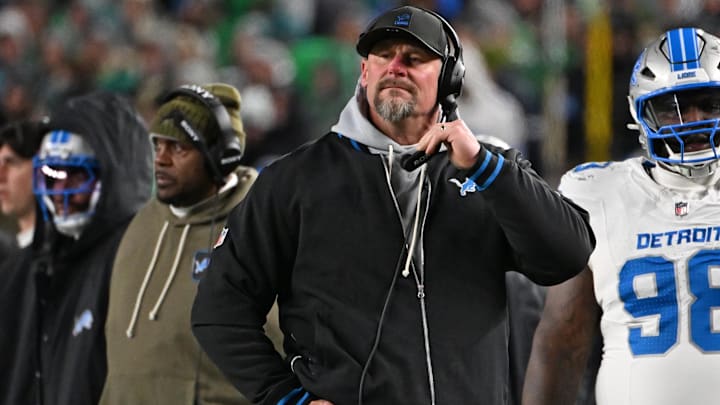 Nov 16, 2025; Philadelphia, Pennsylvania, USA;  Detroit Lions head coach Dan Campbell on the sidelines against the Philadelphia Eagles at Lincoln Financial Field. Mandatory Credit: Eric Hartline-Imagn Images