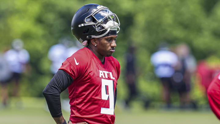 May 10, 2024; Flowery Branch, GA, USA; Atlanta Falcons quarterback Michael Penix Jr (9) shown on the field during a break during Rookie Minicamp at the Falcons Training Camp.   Mandatory Credit: Dale Zanine-USA TODAY Sports