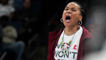 South Carolina's head coach Dawn Staley reacts during the game between South Carolina and Memphis in the Hoops for St. Jude Tip Off Classic at FedExForum on Tuesday, October 15, 2024.