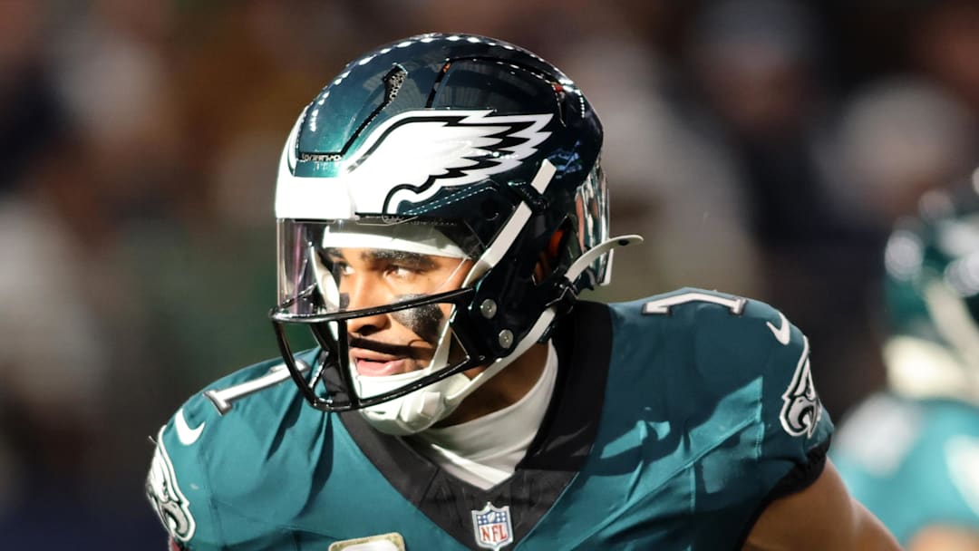 Nov 10, 2024; Arlington, Texas, USA; Philadelphia Eagles quarterback Jalen Hurts (1) looks to hand off the ball in the second quarter against the Dallas Cowboys at AT&T Stadium. Mandatory Credit: Tim Heitman-Imagn Images