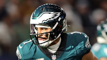 Nov 10, 2024; Arlington, Texas, USA; Philadelphia Eagles quarterback Jalen Hurts (1) looks to hand off the ball in the second quarter against the Dallas Cowboys at AT&T Stadium. Mandatory Credit: Tim Heitman-Imagn Images