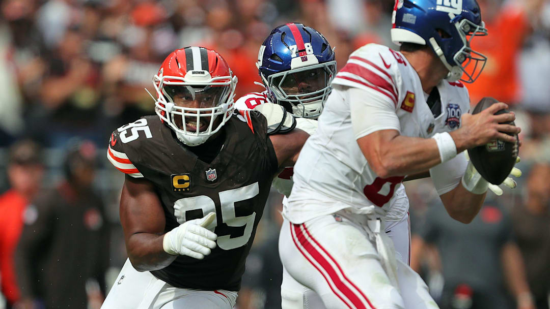 Cleveland Browns defensive end Myles Garrett (95) closes in on New York Giants quarterback Daniel Jones (8) during the second half of an NFL football game at Huntington Bank Field, Sunday, Sept. 22, 2024, in Cleveland, Ohio.