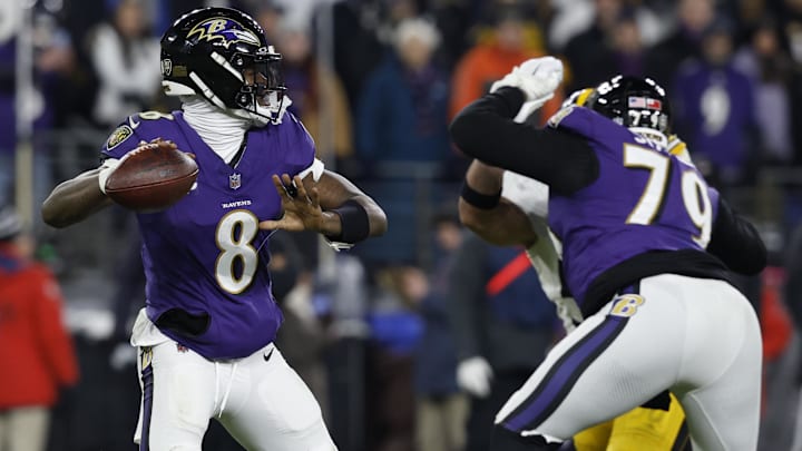 Jan 11, 2025; Baltimore, Maryland, USA; Baltimore Ravens quarterback Lamar Jackson (8) passes the ball against the Pittsburgh Steelers in an AFC wild card game at M&T Bank Stadium. Mandatory Credit: Geoff Burke-Imagn Images Jan 11, 2025; Baltimore, Maryland, USA; Baltimore Ravens quarterback Lamar Jackson (8) passes the ball against the Pittsburgh Steelers in an AFC wild card game at M&T Bank Stadium. Mandatory Credit: Geoff Burke-Imagn Images