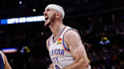 May 11, 2025; Denver, Colorado, USA; Oklahoma City Thunder guard Alex Caruso (9) reacts after a play in the fourth quarter against the Denver Nuggets during game four of the second round of the 2025 NBA Playoffs at Ball Arena. Mandatory Credit: Isaiah J. Downing-Imagn Images