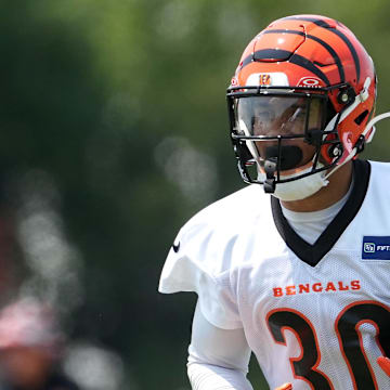 Jun 10, 2025; Cincinnati, OH, USA; Cincinnati Bengals running back Chase Brown (30) carries the ball during practice at Paycor Stadium. Mandatory Credit: Kareem Elgazzar-Imagn Images
