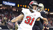 Oct 26, 2025; New Orleans, Louisiana, USA; Tampa Bay Buccaneers safety Antoine Winfield Jr. (31) reacts after a touchdown during the second quarter against the New Orleans Saints at Caesars Superdome. Mandatory Credit: Stephen Lew-Imagn Images