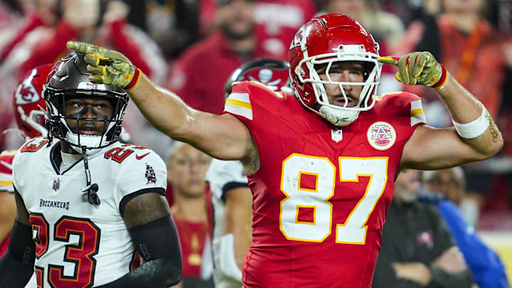 Chiefs tight end Travis Kelce tied a career high with 14 catches for 100 receiving yards against the Buccaneers.