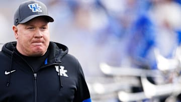 Nov 16, 2024; Lexington, Kentucky, USA; Kentucky Wildcats head coach Mark Stoops walks onto the field before the game against the Murray State Racers at Kroger Field. Mandatory Credit: Jordan Prather-Imagn Images