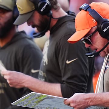 Nov 16, 2025; Denver, Colorado, USA;  Denver Broncos head coach Sean Payton on the sidelines during the first quarter of the game against the Kansas City Chiefs at Empower Field at Mile High. 