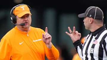 Tennessee head coach Josh Heupel communicates with an official during the third quarter at FirstBank Stadium in Nashville, Tenn., Saturday, Nov. 30, 2024.