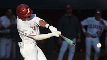 Feb 23, 2024; Tuscaloosa, Alabama, USA; Alabama batter Justin Lebron connects for a hit during the opening game of the weekend series with Valparaiso at Sewell-Thomas Stadium.