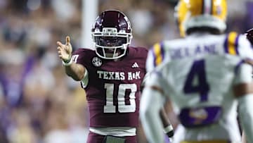 Oct 25, 2025; Baton Rouge, Louisiana, USA; Texas A&M Aggies quarterback Marcel Reed (10) celebrates after a first down during the first half against the Louisiana State Tigers at Tiger Stadium. Mandatory Credit: Stephen Lew-Imagn Images