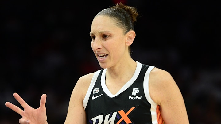 Oct 10, 2021; Phoenix, Arizona, USA; Phoenix Mercury guard Diana Taurasi (3) reacts against the Chicago Sky during the first half of game one of the 2021 WNBA Finals at Footprint Center. Mandatory Credit: Joe Camporeale-Imagn Images Oct 10, 2021; Phoenix, Arizona, USA; Phoenix Mercury guard Diana Taurasi (3) reacts against the Chicago Sky during the first half of game one of the 2021 WNBA Finals at Footprint Center. Mandatory Credit: Joe Camporeale-Imagn Images