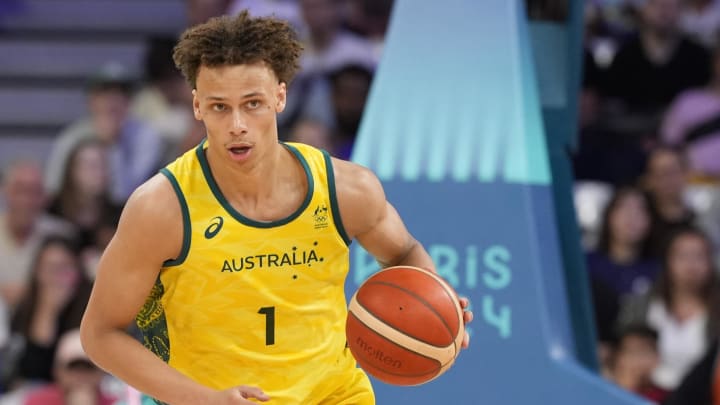 Jul 27, 2024; Villeneuve-d'Ascq, France;  Australia point guard Dyson Daniels (1) in action against Spain in men's Group A play during the Paris 2024 Olympic Summer Games at Stade Pierre-Mauroy. Mandatory Credit: John David Mercer-USA TODAY Sports