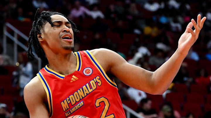 Apr 2, 2024; Houston, TX, USA; McDonald's All American West guard Dylan Harper (2) reacts after being fouled during the second half against the McDonald's All American East at Toyota Center. Mandatory Credit: Maria Lysaker-Imagn Images