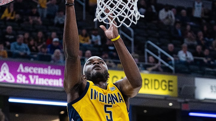 Apr 4, 2025; Indianapolis, Indiana, USA; Indiana Pacers forward Jarace Walker (5) shoots the ball in the second half against the Utah Jazz at Gainbridge Fieldhouse. Mandatory Credit: Trevor Ruszkowski-Imagn Images