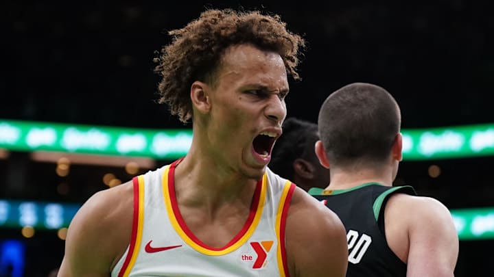 Dyson Daniels #5 of the Atlanta Hawks reacts against the Boston Celtics.