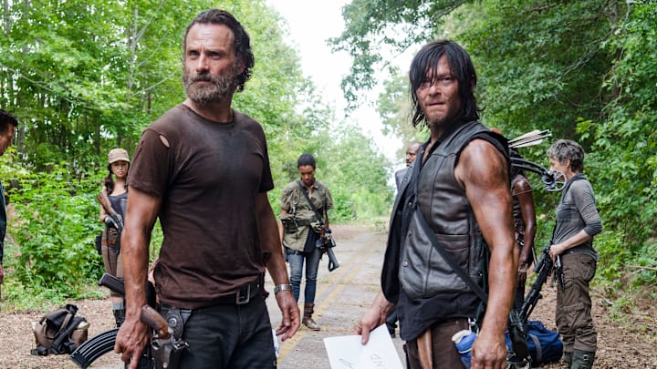 Christian Serratos as Rosita Espinosa, Andrew Lincoln as Rick Grimes, Sonequa Martin-Green as Sasha, Norman Reedus as Daryl Dixon and Melissa McBride as Carol Peletier - The Walking Dead _ Season 5, Episode 10 