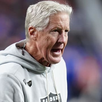 Nov 6, 2025; Denver, Colorado, USA; Las Vegas Raiders head coach Pete Carroll before the game at Empower Field at Mile High. Mandatory Credit: Ron Chenoy-Imagn Images